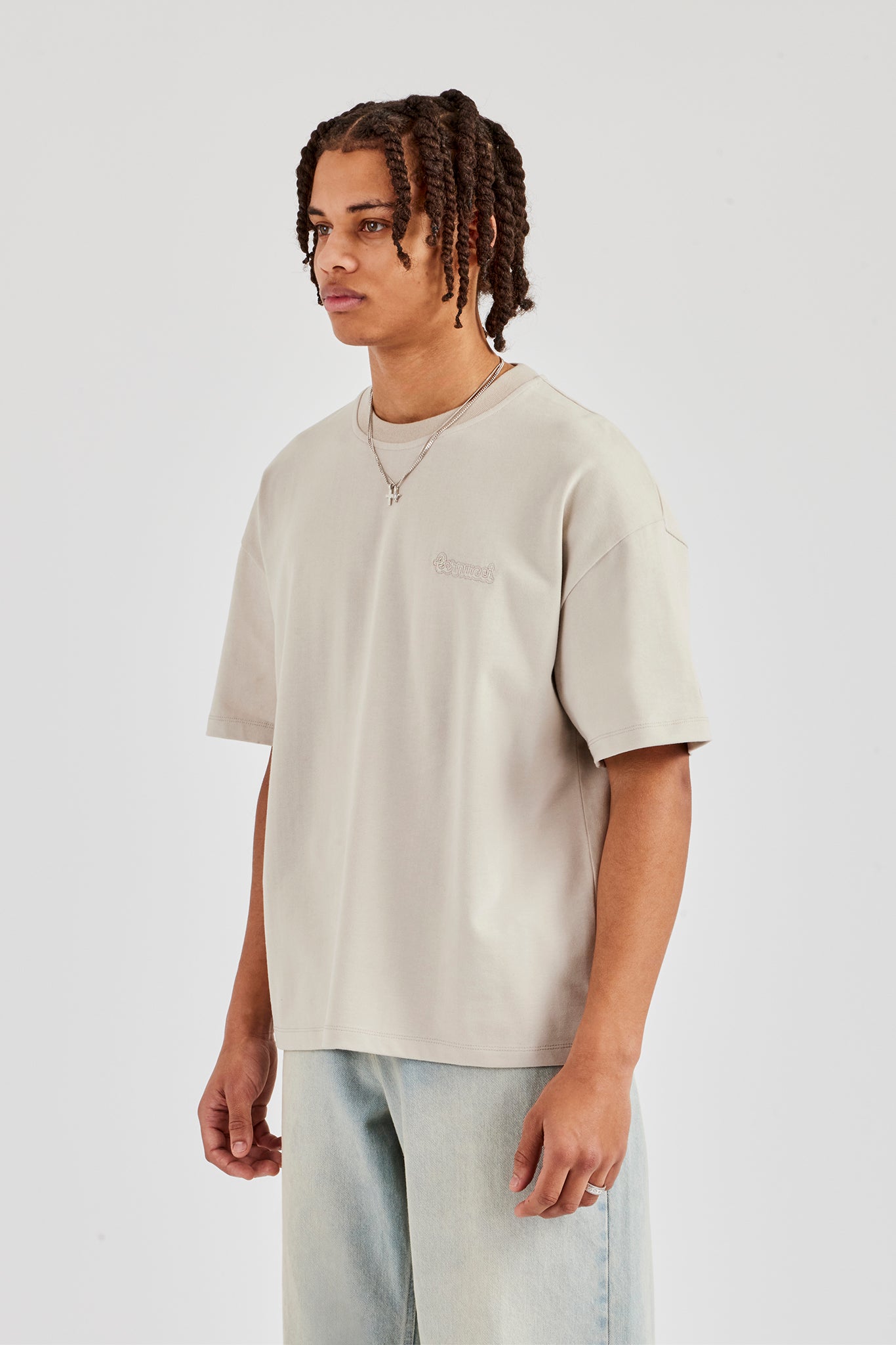 Oversized Washed Logo Embroidered T-Shirt - Washed Stone